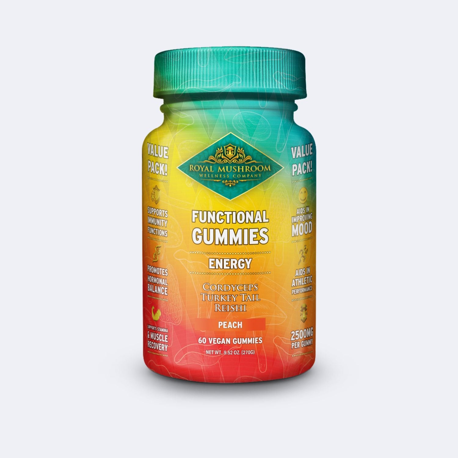 Energy Mushroom Mix Gummies Peach Flavor 60 Ct Royal-Mushroom