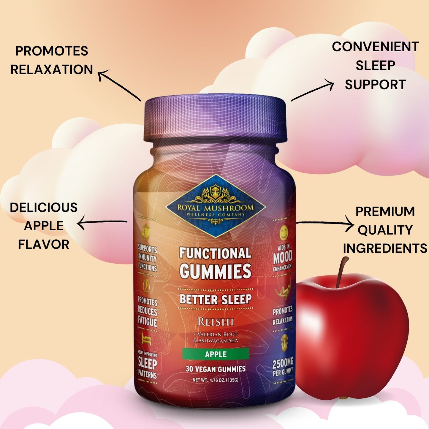 Better Sleep Reishi Gummies Apple Flavor 30 Ct Royal-Mushroom