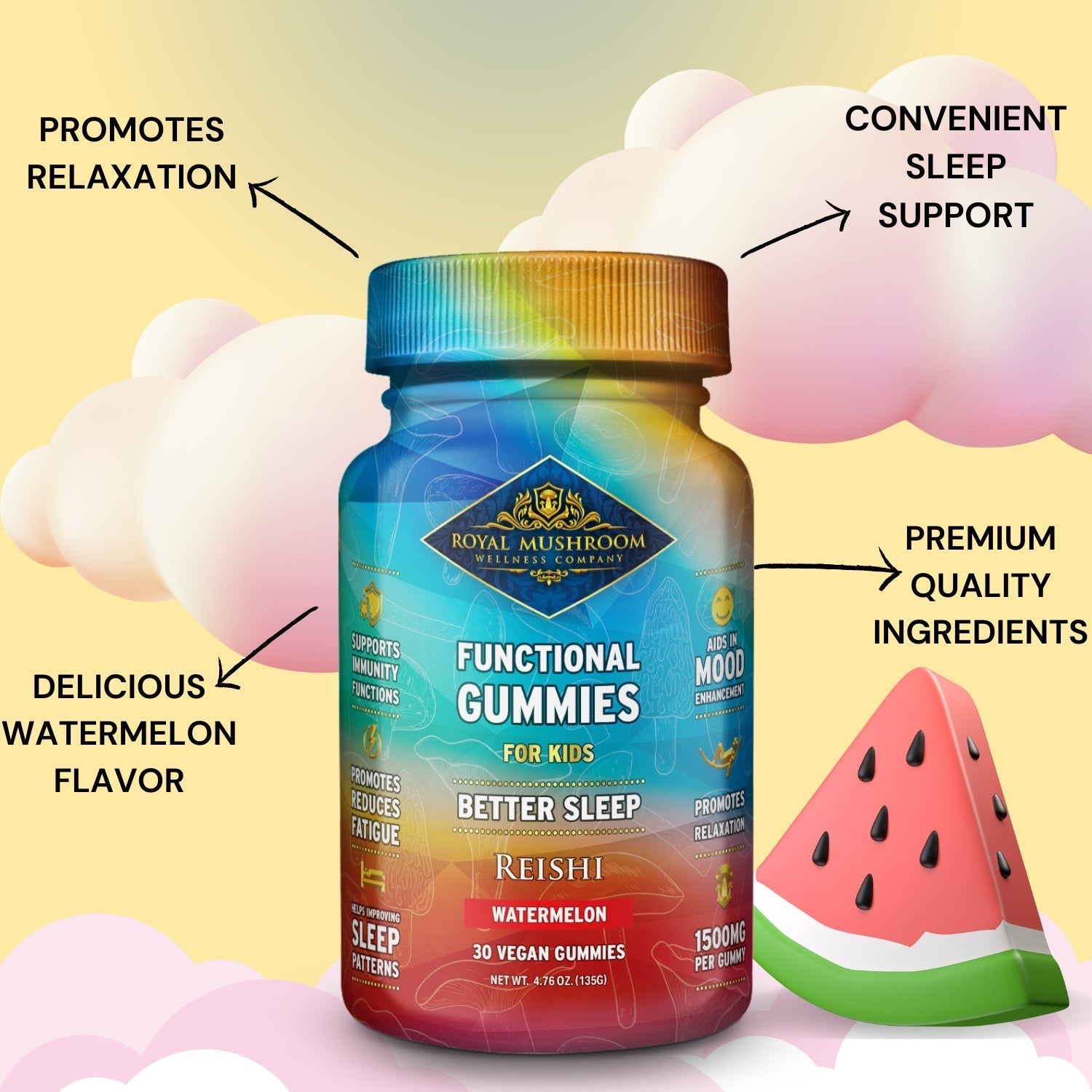 Better Sleep Reishi Gummies For Kids Watermelon Flavor 30 ct Royal-Mushroom