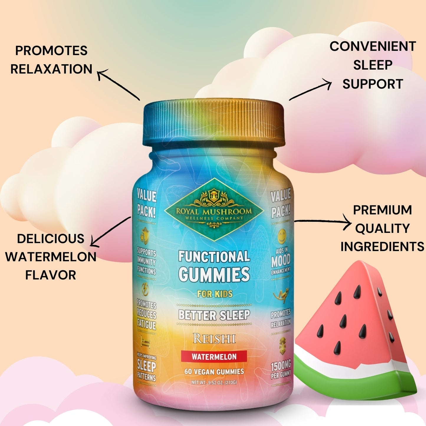 Better Sleep Reishi Gummies For Kids Watermelon Flavor 60 Ct Royal-Mushroom