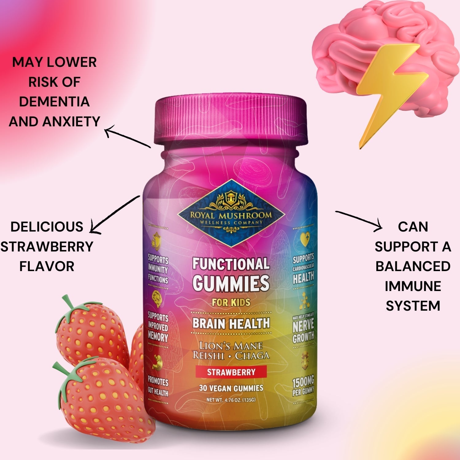 Brain Health Mushroom Mix Gummies For Kids Strawberry Flavor 30 Ct Royal-Mushroom