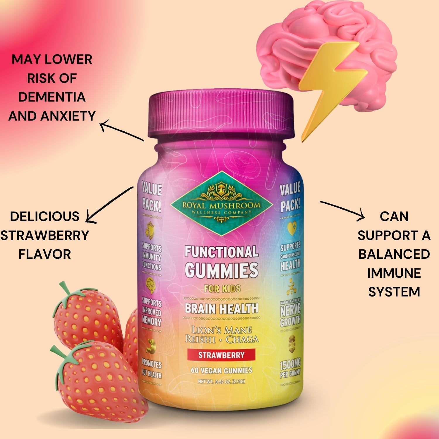 Brain Health Mushroom Mix Gummies For Kids Strawberry Flavor 60 Ct Royal-Mushroom
